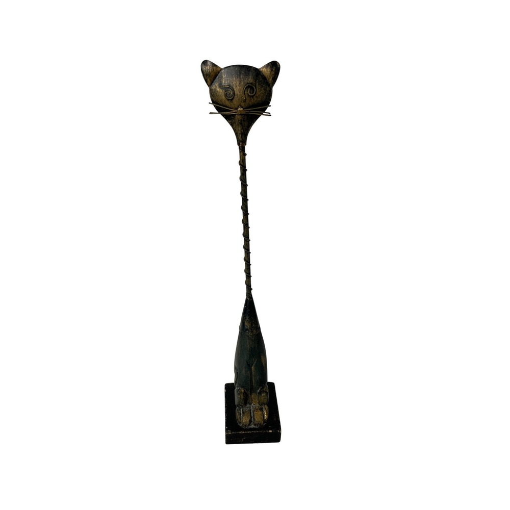 Long Neck Cat Figurine Home Decor OS Black Gold Distressed Wood Metal